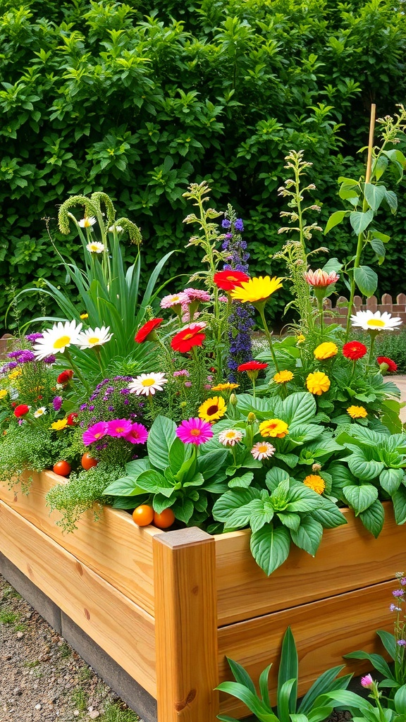 A colorful raised garden bed filled with various flowers and plants.