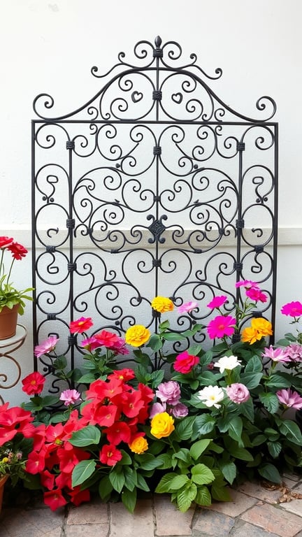 A decorative metal plant screen with colorful flowers in front.