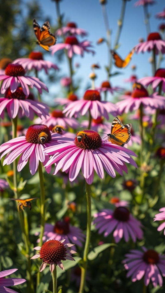 A vibrant display of coneflowers with butterflies fluttering around them in a sunny garden.