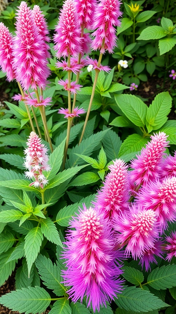 Astilbe flowers with pink feathery blooms and green leaves