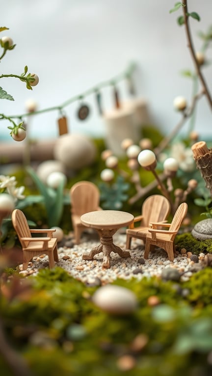 A miniature fairy garden featuring wooden furniture including a round table and four chairs, surrounded by greenery and decorative elements.