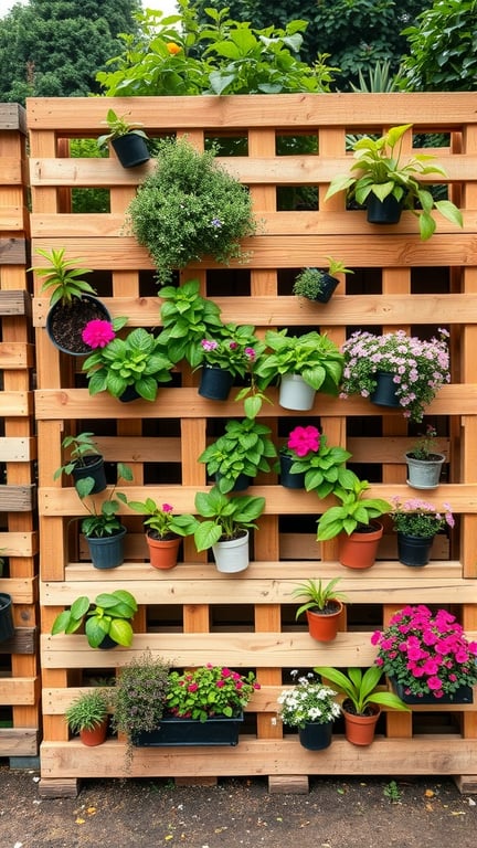 A wooden pallet fence adorned with various potted plants, showcasing a vibrant garden display.