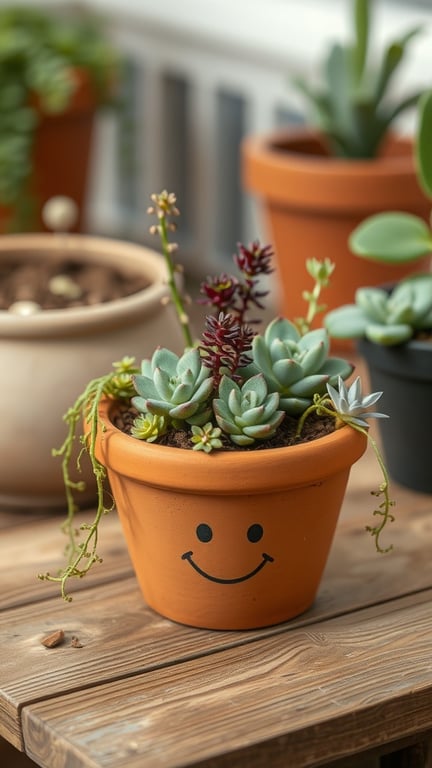A cheerful terracotta pot with a smiley face, filled with various succulent plants.