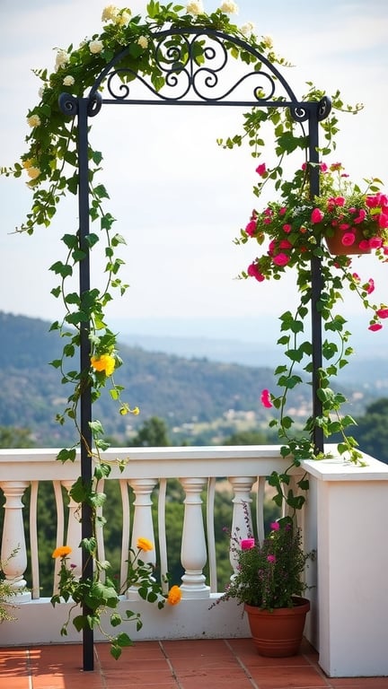 A decorative trellis with climbing plants and hanging flowers on a terrace.