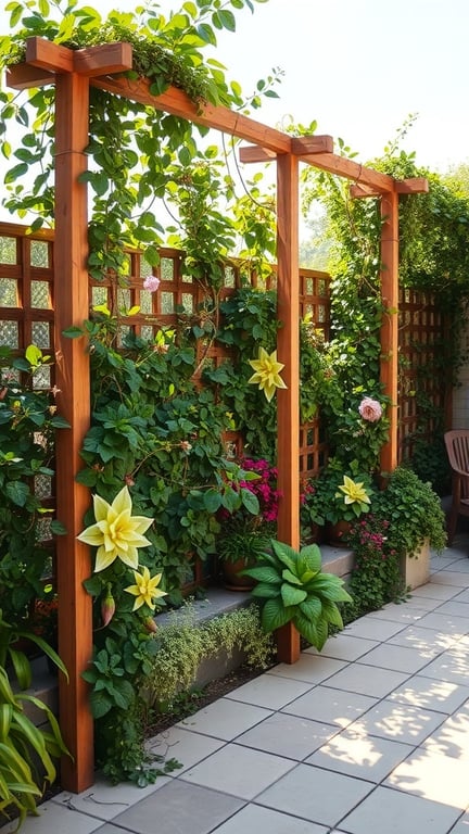 A wooden trellis covered in green vines and flowers, creating a privacy screen in a patio garden.