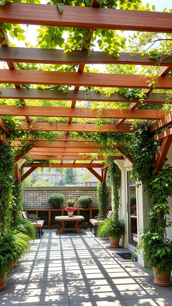 A wooden pergola covered with greenery, featuring a table and chairs underneath.