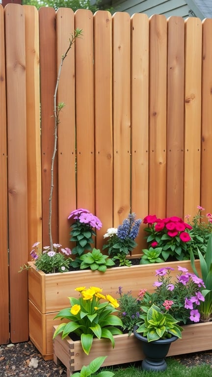 Cedar planter fence with colorful flowers