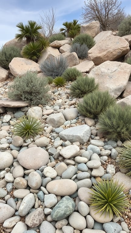 A rock garden featuring various plants and stones, showcasing a low-maintenance landscape.