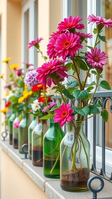 A row of upcycled glass bottles filled with colorful flowers on a windowsill