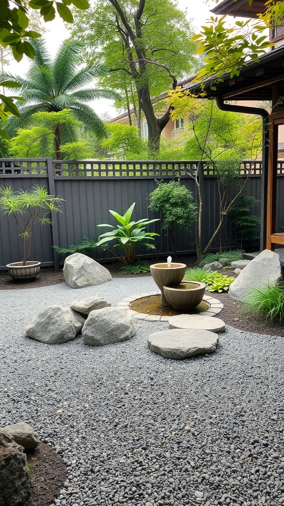A serene Zen garden featuring a fountain, rocks, and lush greenery.