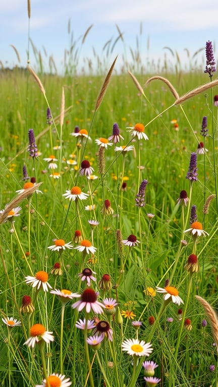 A vibrant meadow garden filled with wildflowers and tall grasses.
