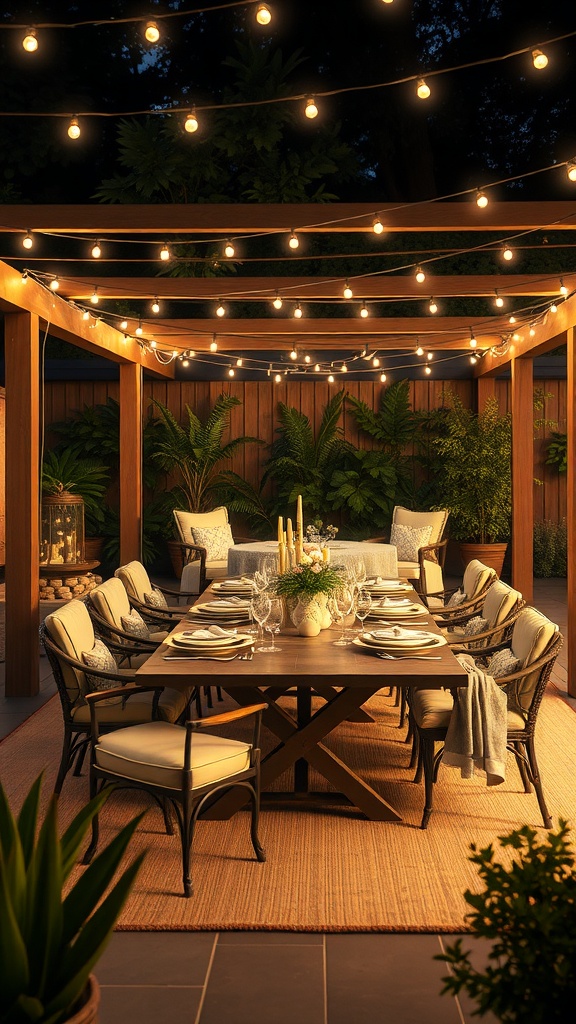 Cozy outdoor dining area with string lights and a large wooden table
