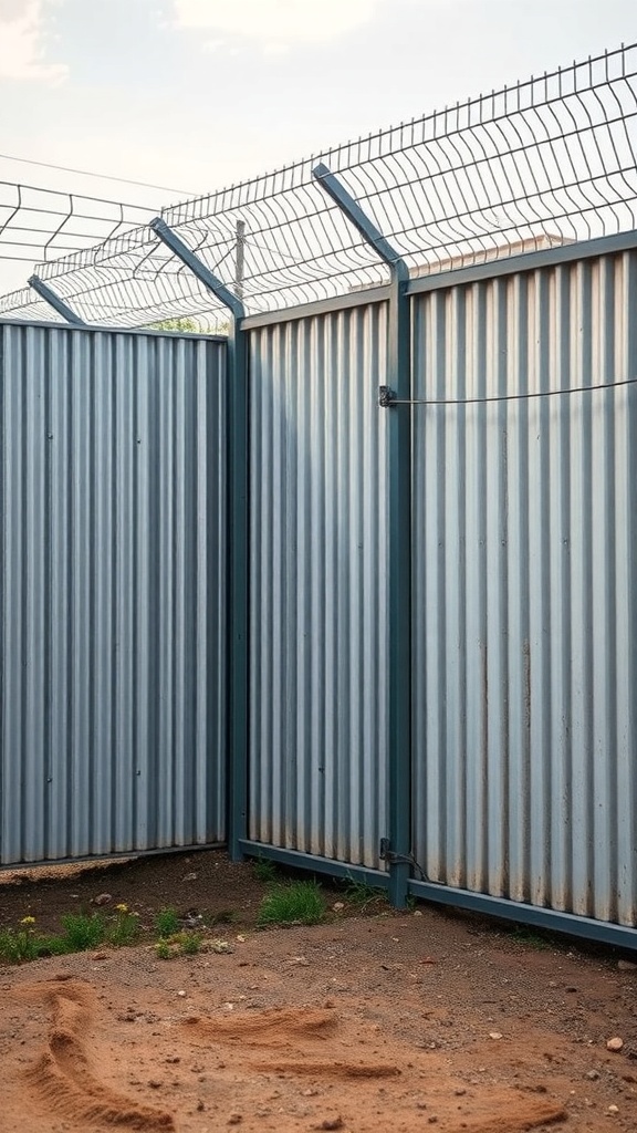 A sturdy corrugated metal fence with barbed wire on top, showcasing a secure boundary.