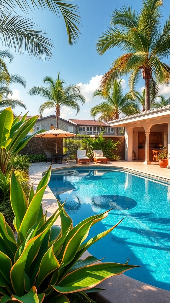 A tropical backyard pool area with palm trees, lounge chairs, and lush landscaping.