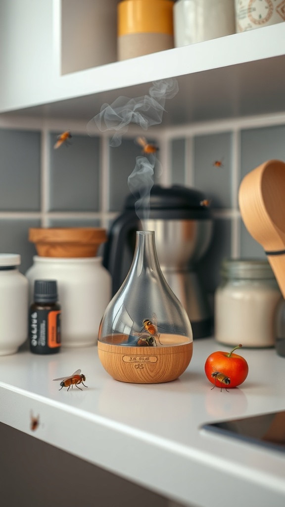 A diffuser releasing mist in a kitchen setting, with fruit flies hovering nearby.