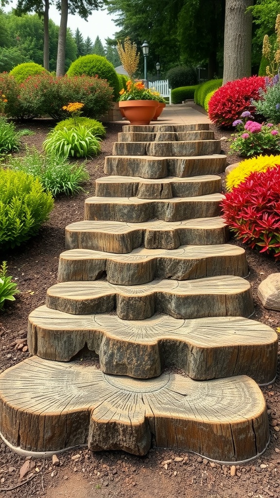 A set of tree stump steps leading through a colorful garden.