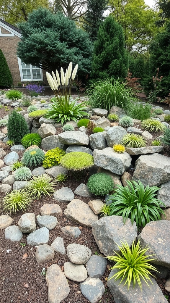 A well-designed rockery garden featuring various plants and stones, showcasing year-round interest.