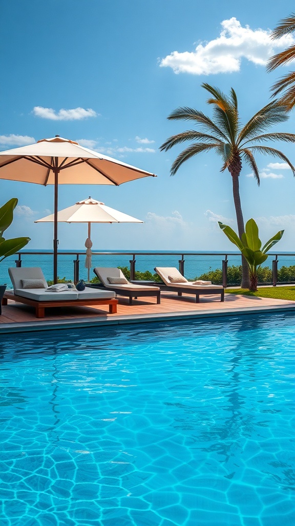 Chic lounge area with daybeds by a pool, featuring umbrellas and palm trees.