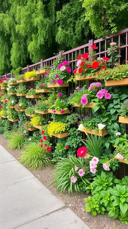 A vibrant vertical garden fence with colorful flowers and greenery.