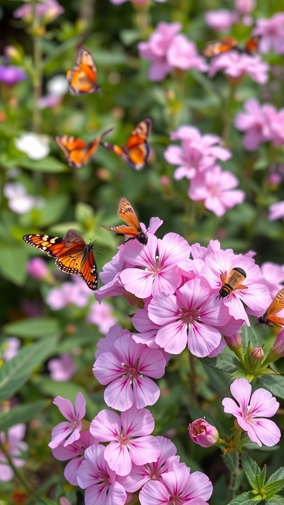Pink phlox flowers with butterflies in a garden