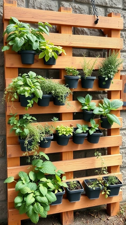 A vertical herb garden with various herbs planted in black pots on a wooden structure.
