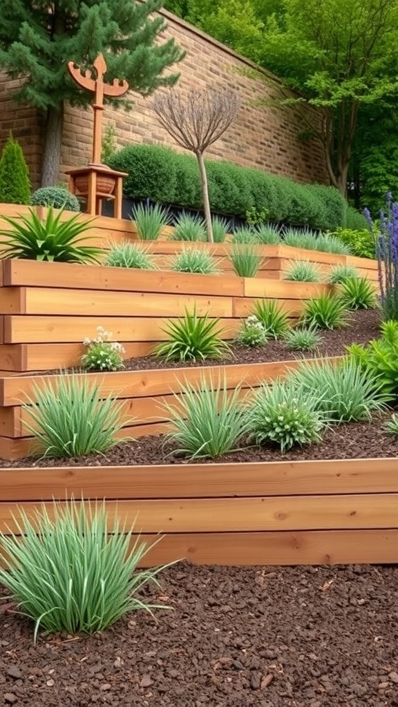 A wooden sleeper retaining wall with lush green plants on a slope.
