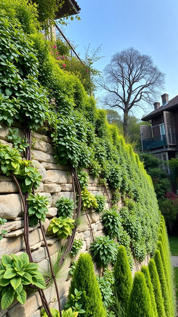 A living retaining wall featuring lush greenery and natural stone, showcasing a beautiful landscape design.