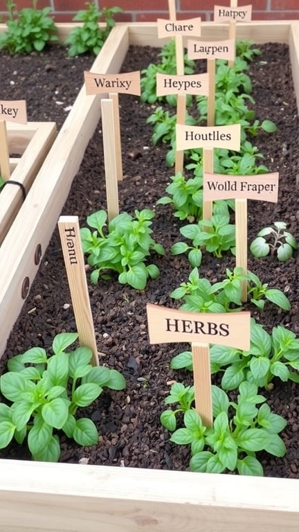 An organized herb garden with wooden labels identifying various herbs.