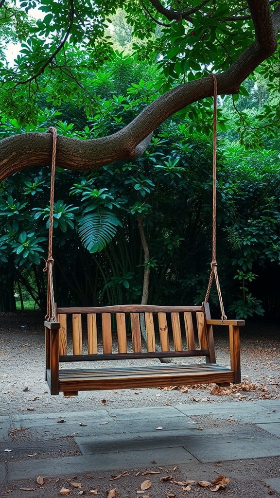 A wooden swing hanging from a tree branch surrounded by greenery.