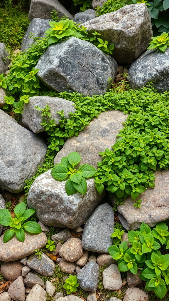 A rockery garden featuring various stones and lush green ground cover plants.