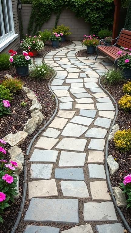 A winding stone pathway surrounded by colorful flowers in pots.