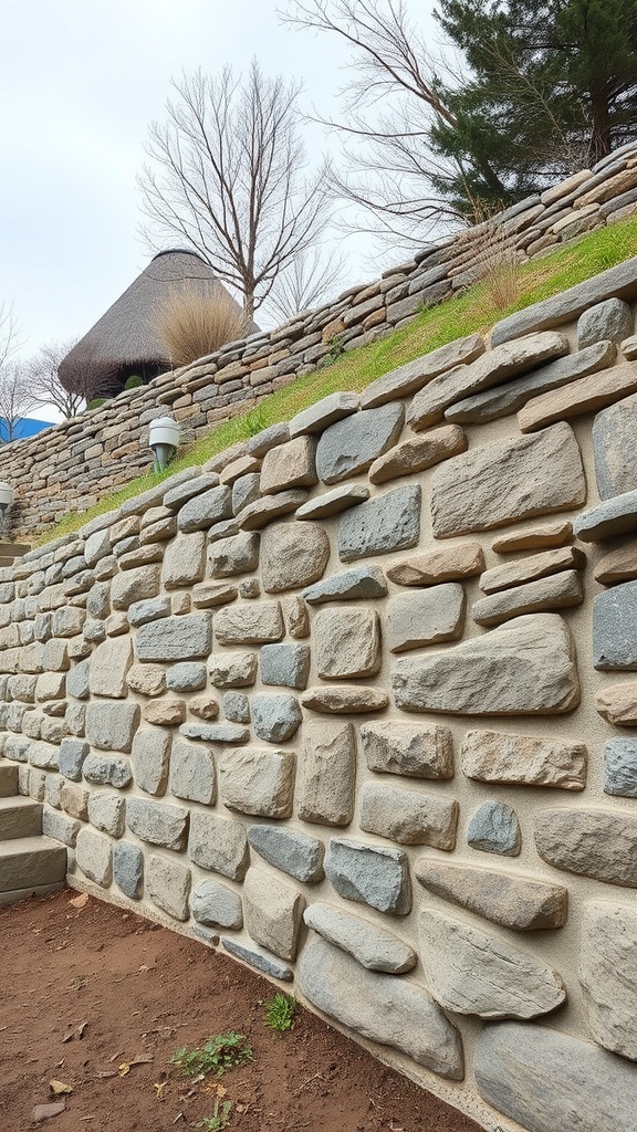 A dry stack stone wall on a slope with greenery and a thatched roof in the background.