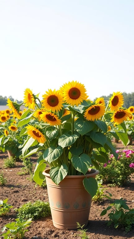 A vibrant sunflower pot with bright yellow flowers in a sunny field.