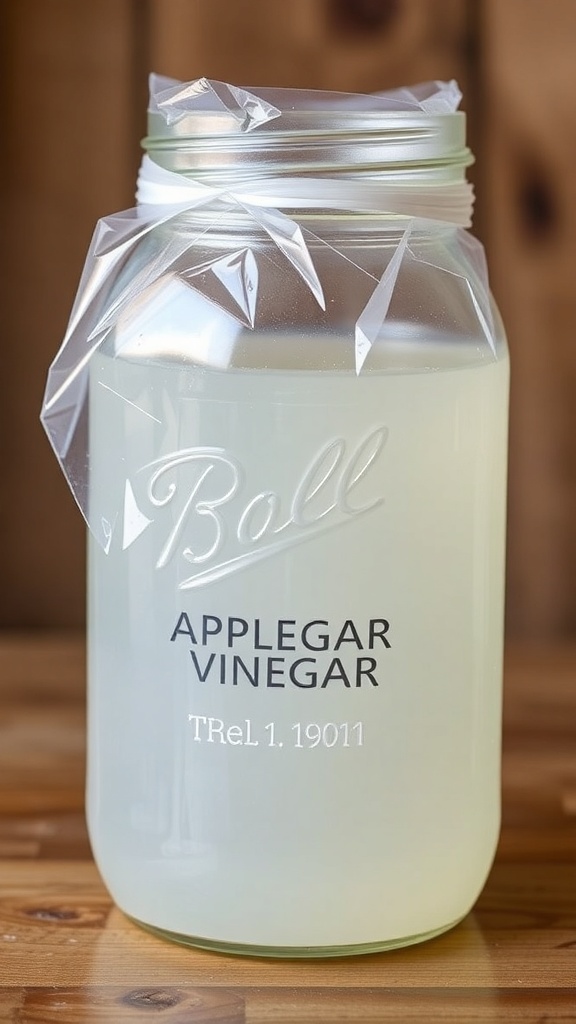 A jar of apple cider vinegar covered with plastic wrap, used as a fruit fly trap.