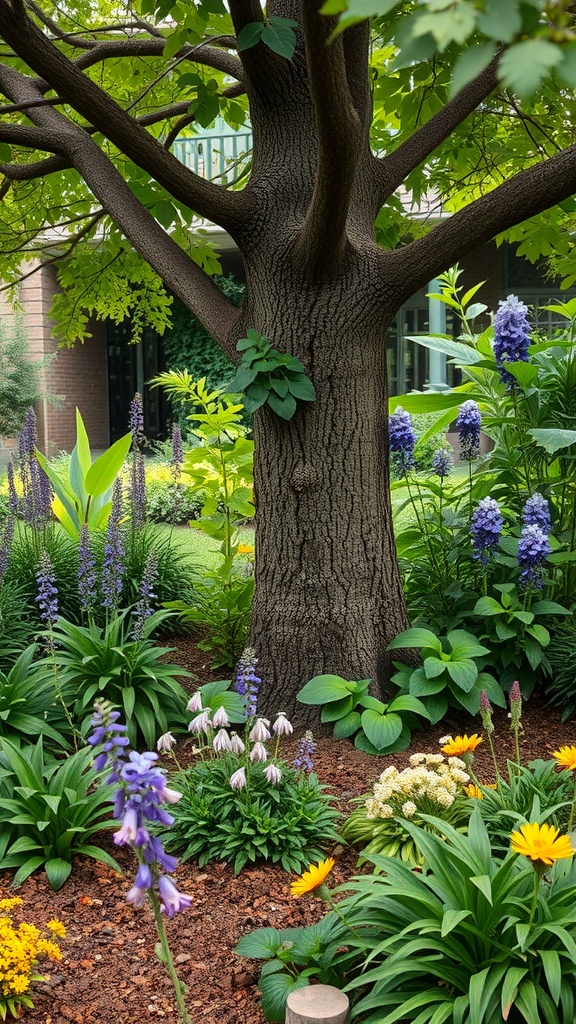 A lush garden under a tree featuring various native plants and flowers.