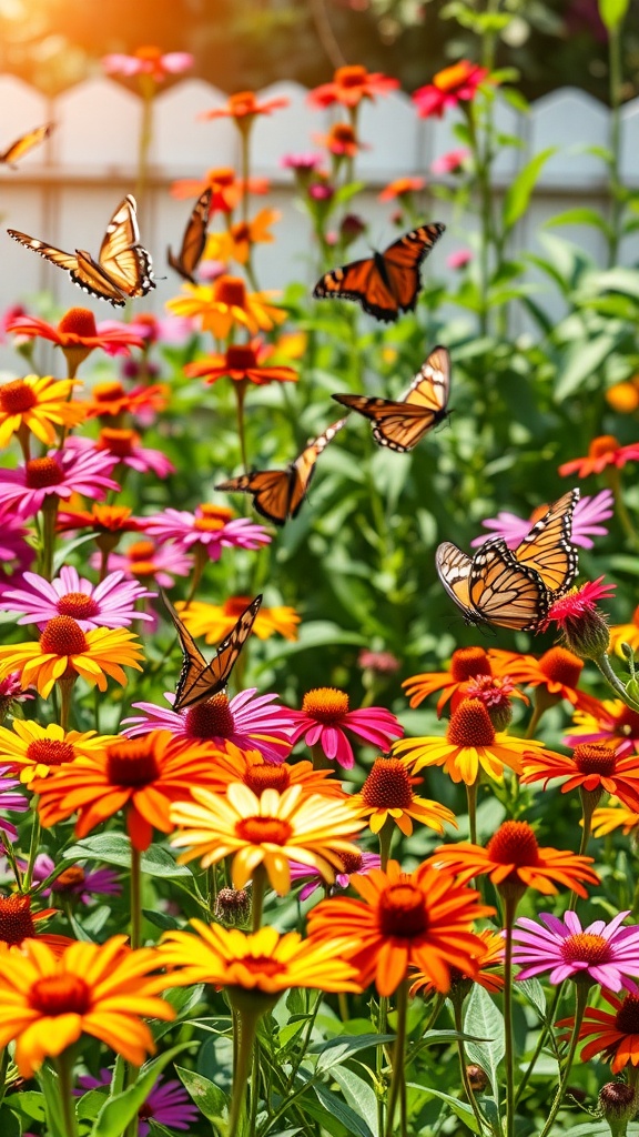 A colorful butterfly garden filled with blooming flowers and butterflies