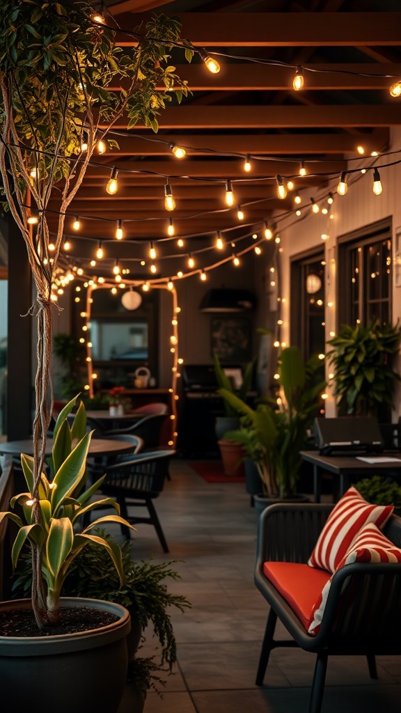 A cozy outdoor space with string lights and plants, perfect for evening gatherings.