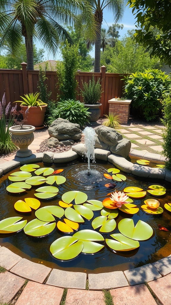 A serene backyard pond with lily pads and a fountain surrounded by greenery.