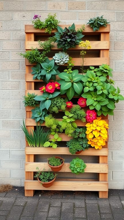Vertical garden made from a wooden pallet filled with various plants and flowers.