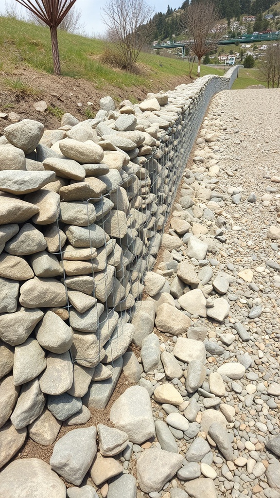 A gabion wall made of stacked stones, designed for erosion control on a slope.