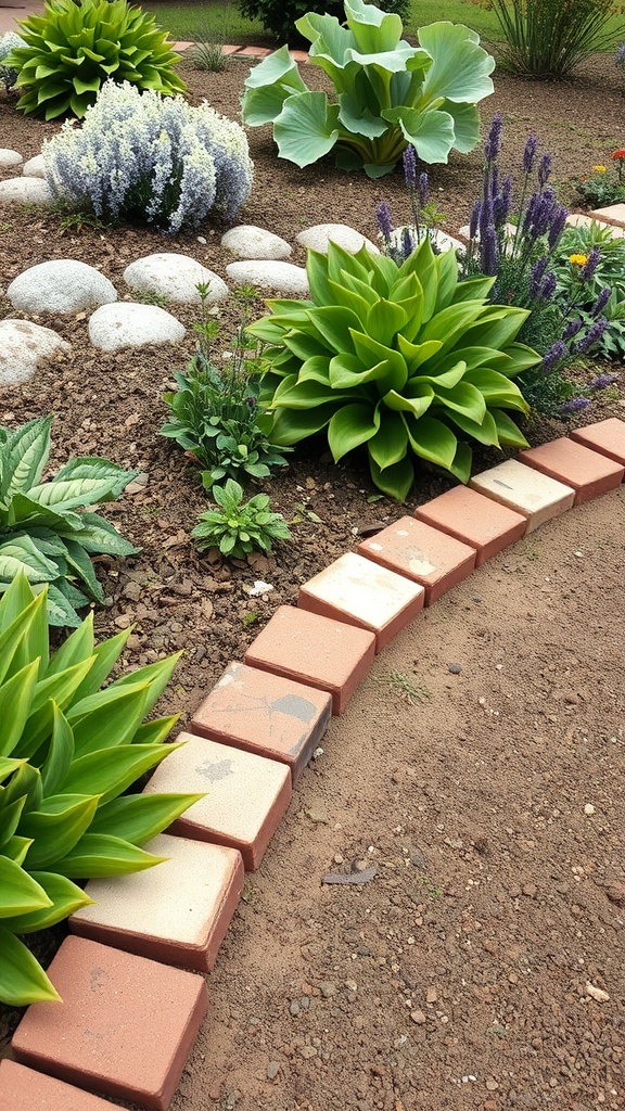Curved garden path lined with reclaimed bricks and lush plants.