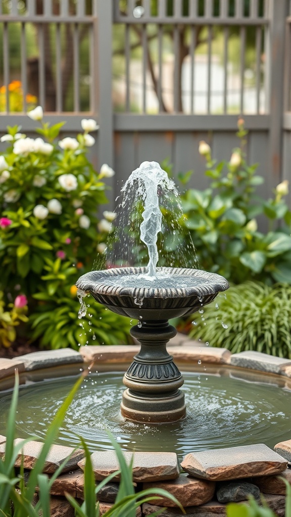 A solar water fountain in a garden surrounded by flowers and greenery.