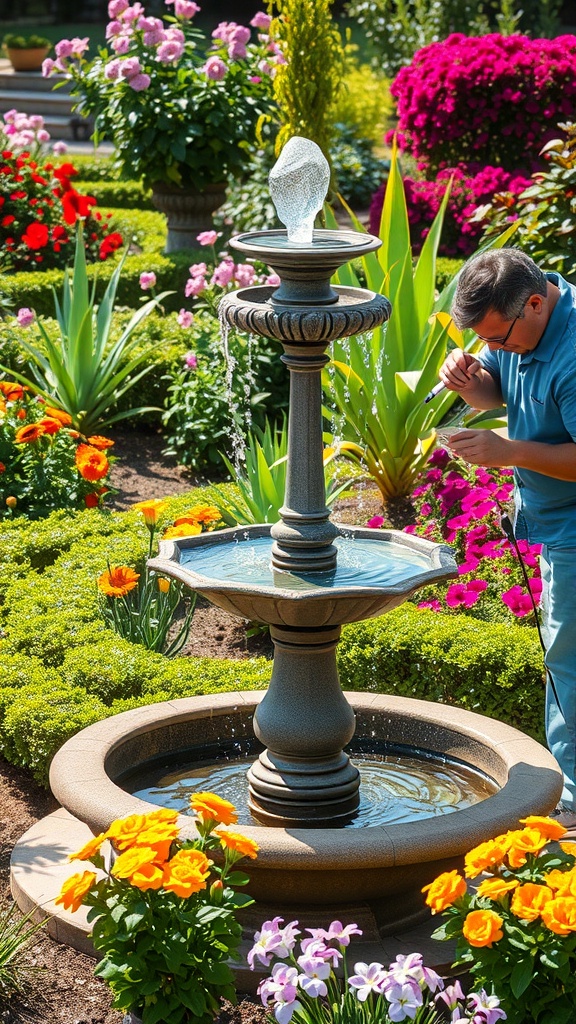 A person maintaining a solar water fountain surrounded by colorful flowers in a garden.