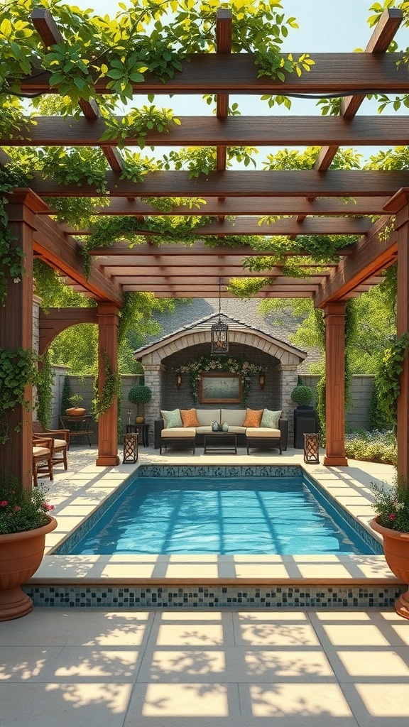 A beautiful backyard with a wooden pergola covered in greenery, surrounding a swimming pool and comfortable seating area.
