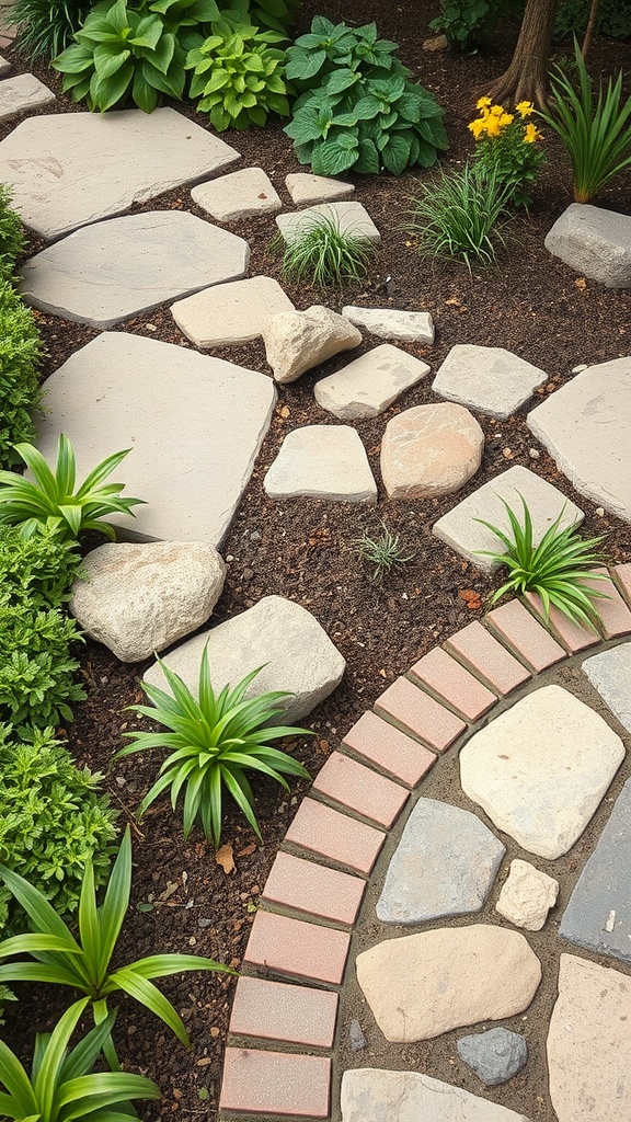 A garden path featuring a combination of brick edging and natural stone, surrounded by lush greenery and colorful flowers.