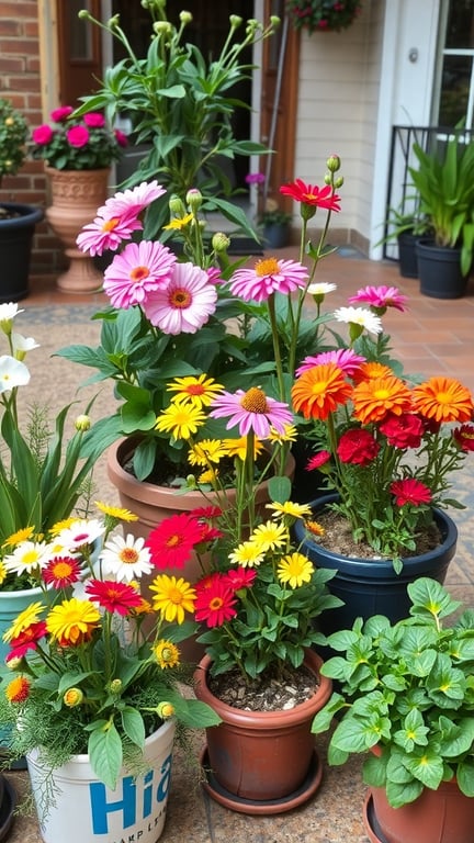 Colorful pots of seasonal flowers on a patio