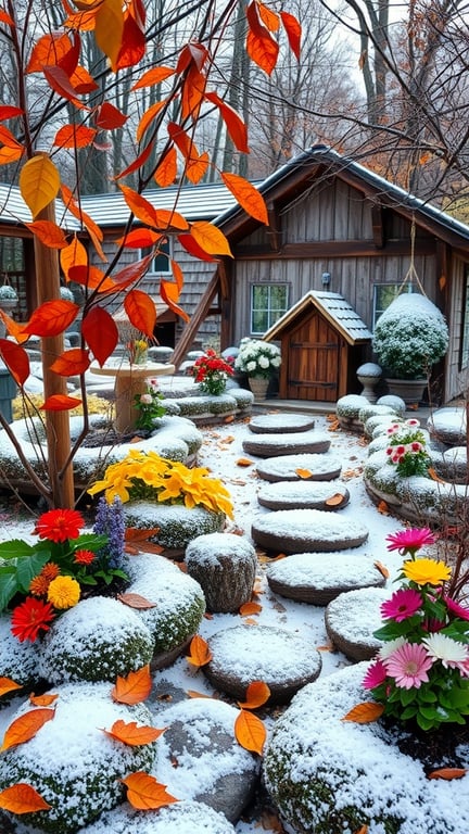 A fairy garden with colorful flowers, a stone pathway, and a cozy wooden house, surrounded by autumn leaves and a light dusting of snow.