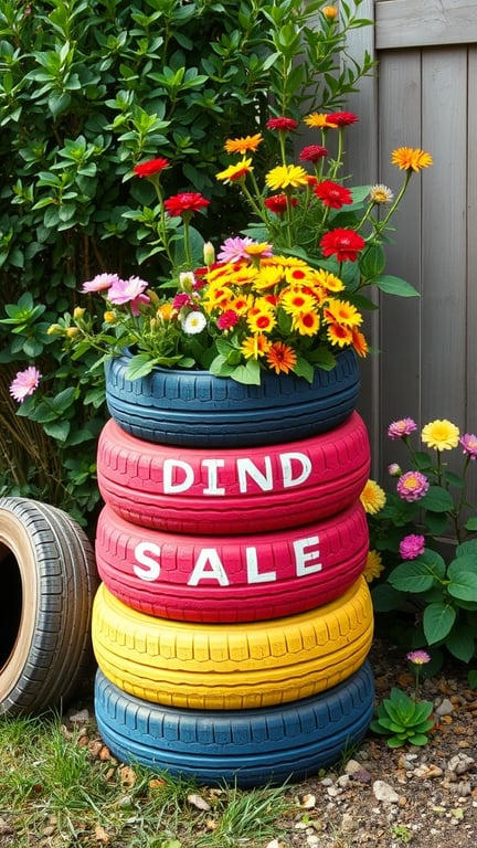 Colorful stacked tires used as planters filled with flowers.