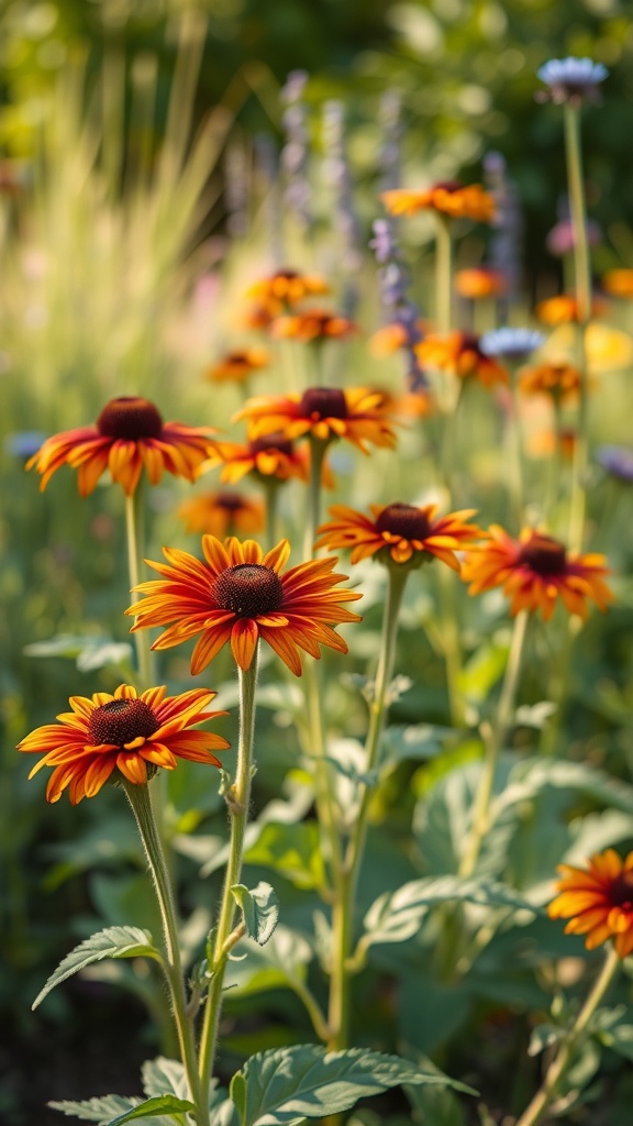 A vibrant display of Rudbeckia flowers in full bloom, showcasing their yellow and orange petals with dark centers.