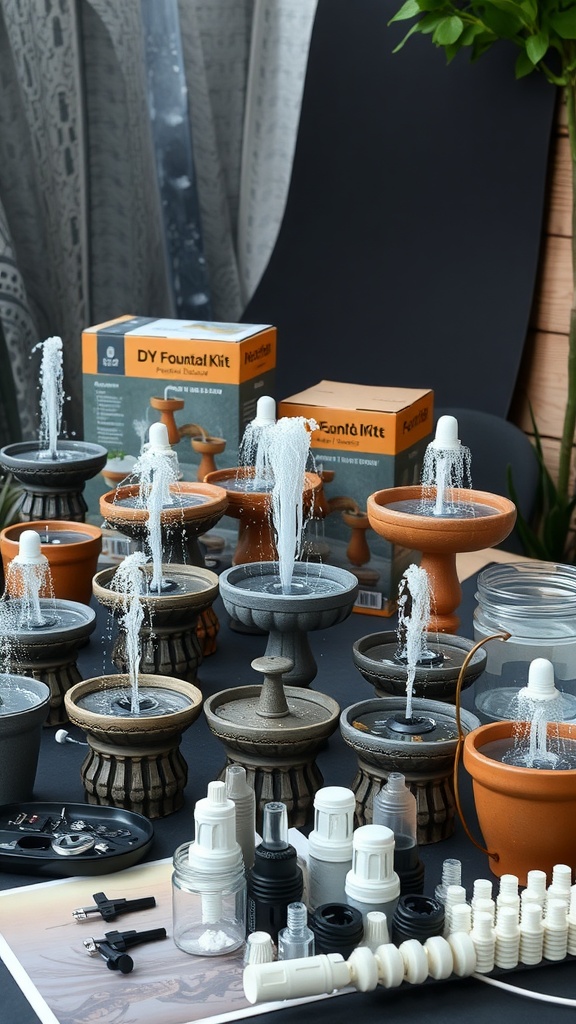 A variety of DIY fountain kits displayed with water flowing from several small fountains.